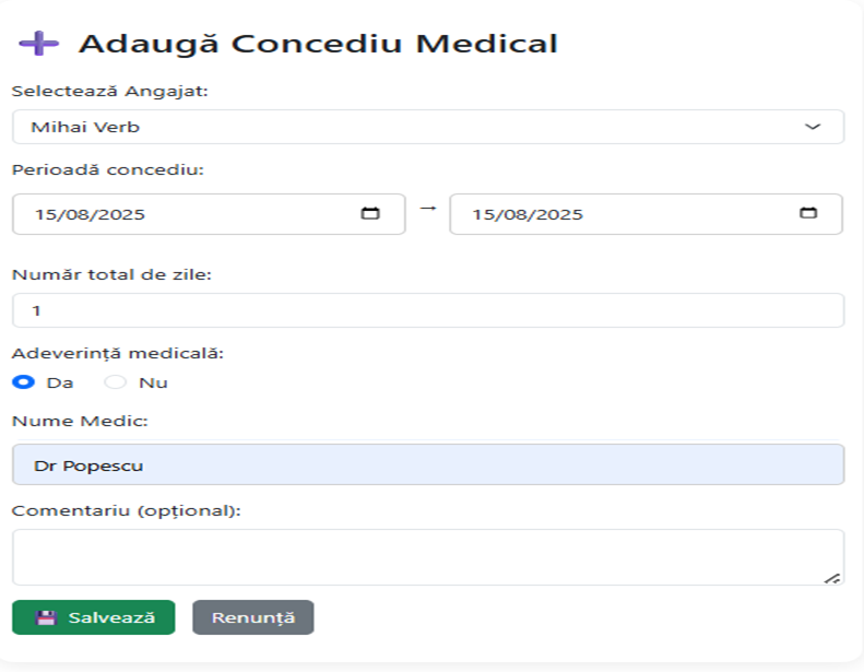Adăugare concediu medical